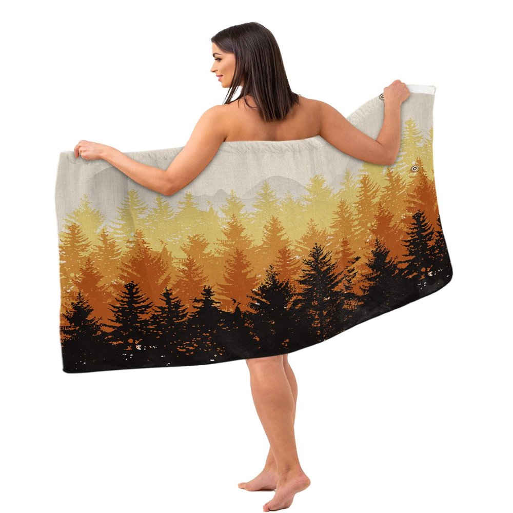 Carosoffe Orange Ombre Forest Women's Towel Wrap, Lightweight Spa/Bath Wrap with Adjustable Closure, Autumn Black Silhouette Trees Quick Dry Shower Wrap Towel for Bathroom Beach Pool, 31.5''x59''