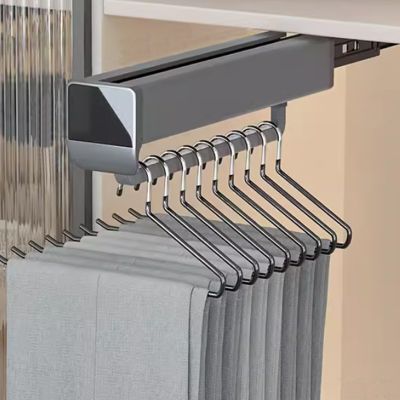 Pull Out Closet Rod Extendable, Bearing 30kg Adjustable Valet Rod, Aluminum Alloy Retractable Pants Rack, Double Row Buffer Damping Pull Out Hanger, Adjustable Wardrobe Clothes Rod (Color : Gray, Si