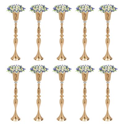 Gold Wedding Centerpieces 10 Pcs, Gold Metal Flower Vase with Crystal Bead, 29.1" Tall Flower Arrangement Vase for Table Party Reception Event Aisle Home Decoration
