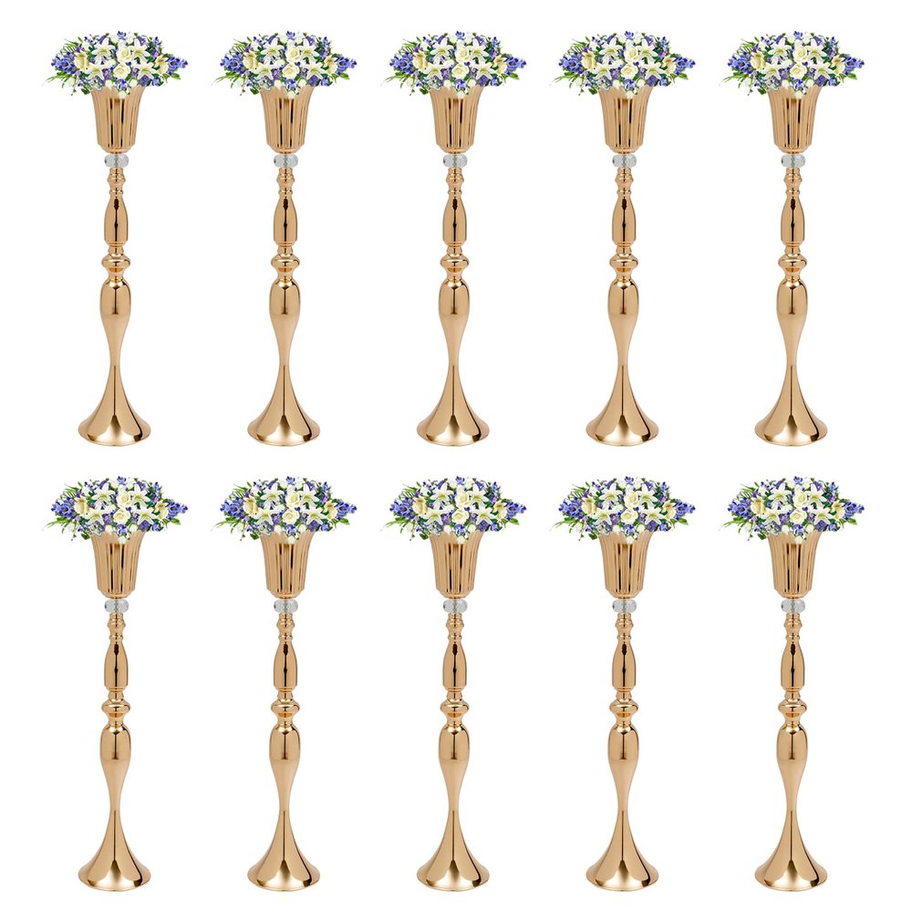 Gold Wedding Centerpieces 10 Pcs, Gold Metal Flower Vase with Crystal Bead, 29.1" Tall Flower Arrangement Vase for Table Party Reception Event Aisle Home Decoration