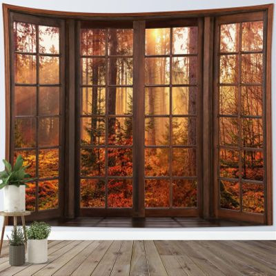 HVEST Fall Tapestry Orange Maple Tree Forest Nature Landscape outside Window Wall Art for Bedroom, Rustic Autumn Tapestry Wall Hanging for Living Room Dorm Holiday Wall Decor, 60W X 40L inches