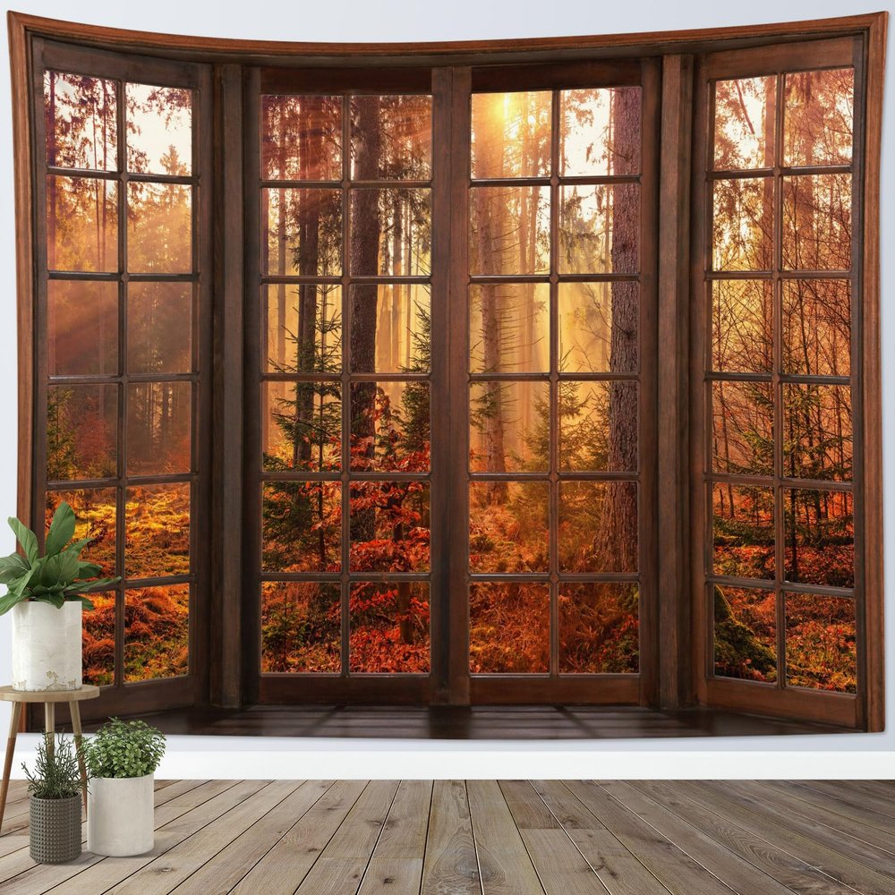 HVEST Fall Tapestry Orange Maple Tree Forest Nature Landscape outside Window Wall Art for Bedroom, Rustic Autumn Tapestry Wall Hanging for Living Room Dorm Holiday Wall Decor, 60W X 40L inches