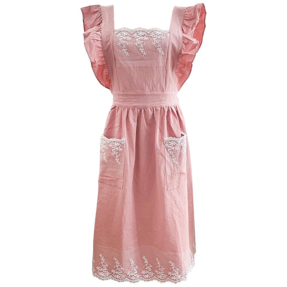 aromm Cute Cotton Apron Frilly Lace Ruffle Adjustable Pinafore Apron Dress with Pockets for Cooking Baking Cleaning Gardening, Pink