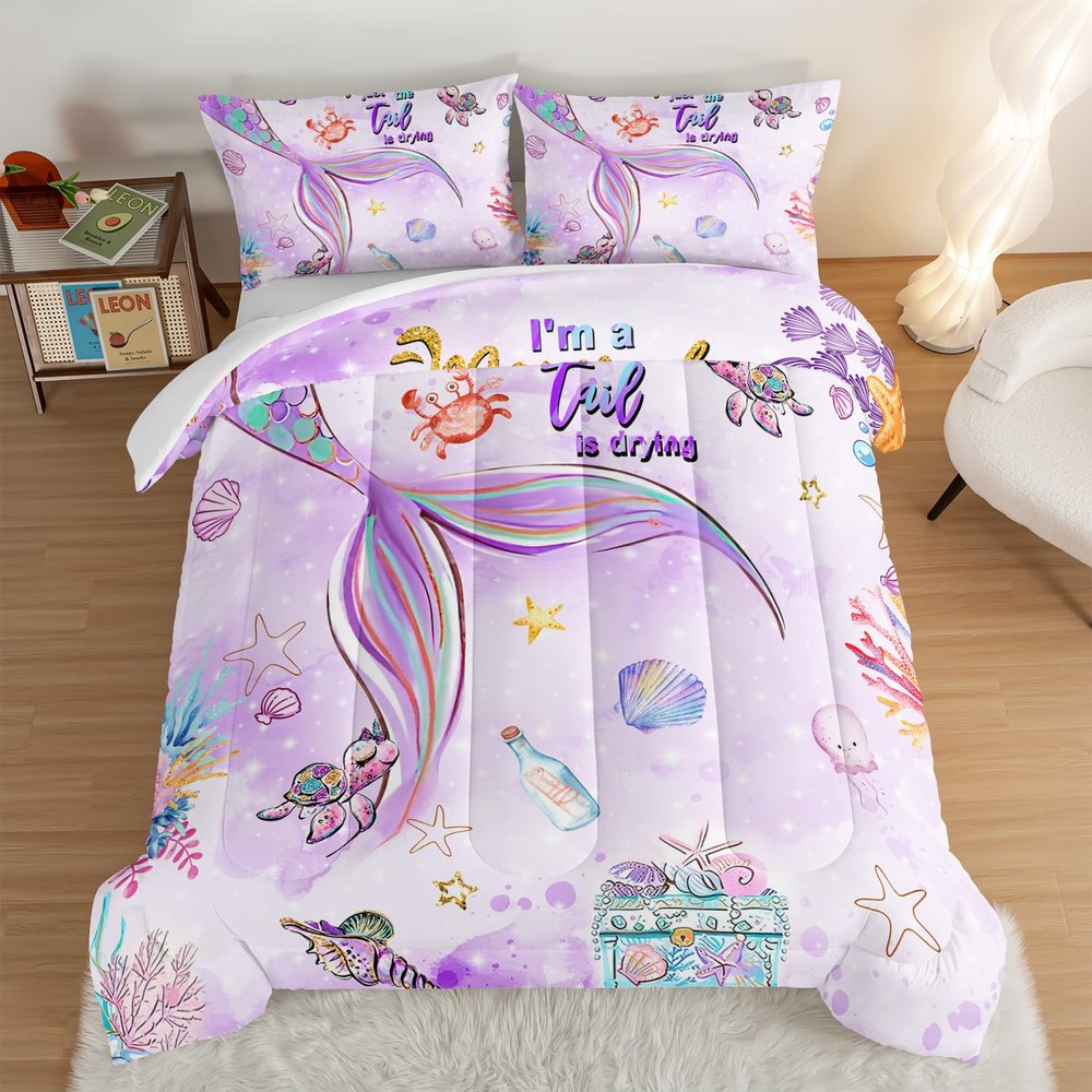 HOSIMA Kids Mermaid Comforter Set with 2 Pillowcases,Watercolor Ocean Life Sea Animal Mermaid Tail Pattern Bedding Set,Light Purpl Comforter for Teens Girls Women Bedroom Twin Bed in a Bag.