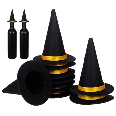 BESTOYARD 10Pcs Mini Witch Hats - Black Felt Wine Bottle Covers Cute Halloween Decorations for Parties Craft Projects and Cosplay Events