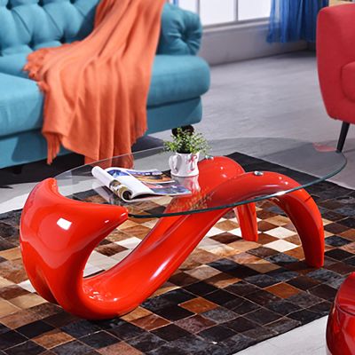 HM&DX Oval Glass Coffee Table,Contemporary Center Table for Living Room,Mid-Century Modern Abstract Cocktail Tables Clear Glass Top(35.5"x21.7"x16", Red)