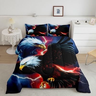 American Flag Eagle Comforter Set King Size,Lightning Night Bedding Set 3pcs,Kids Girls Boys Adult Room Decor,Wild Animals Theme Duvet Insert Vintage Cool Quilted Duvet Set with 2 Pillowcases