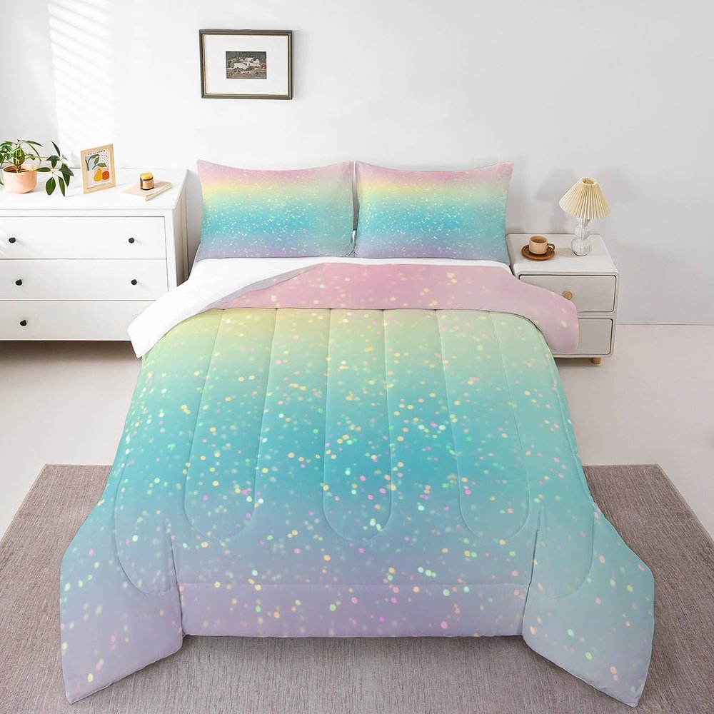 Rainbow Comforter Set King Size Tie Dye Pastel Bedding Comforter Sets for Boys Girls Kids Bedroom Decor, Glitter Galaxy Bedding Ink Pastel Printing Duvet Insert with 2 Pillowcases, Pink Blue Yellow