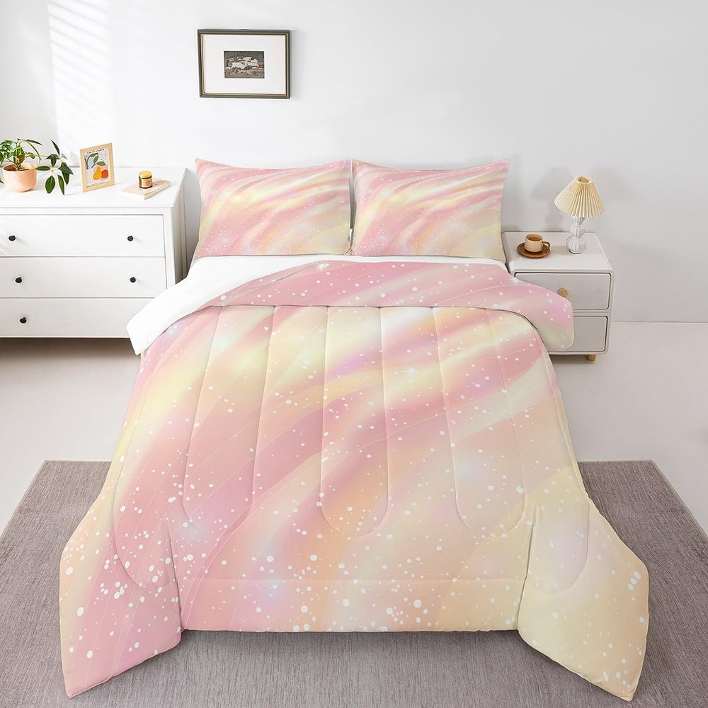 Glitter Galaxy Bedding Comforter Sets for Kids Teenagers, Pastel Galaxy Space Bedding Rainbow Tie Dye Comforter Set for Boys Girls, Starry Sky Gradient Down Comforter with 2 Pillowcases, Queen