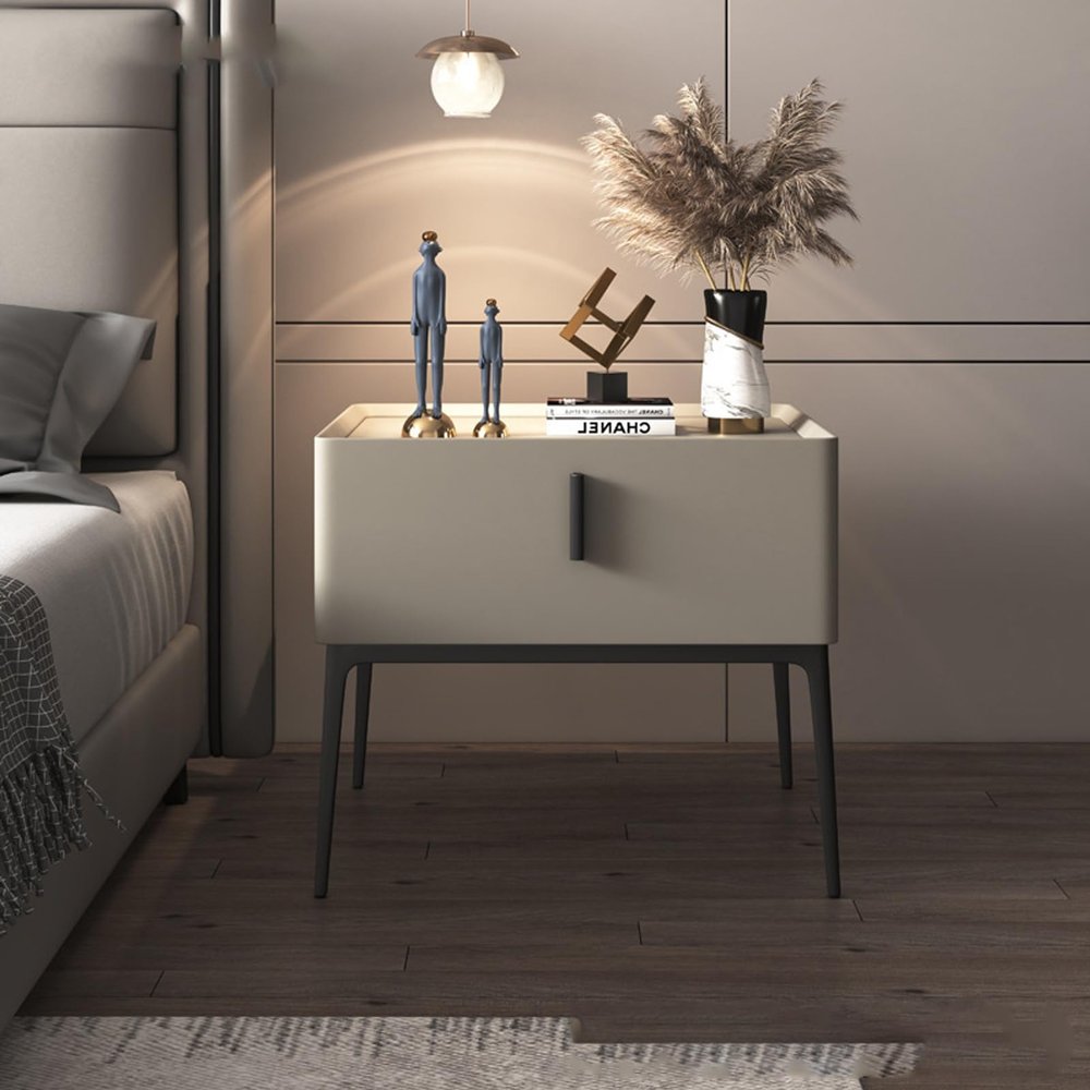 Tall Nightstand, Side Table with Storage, Modern Nightstand, Wood Nightstand with 1-Drawer, Slate Countertop (Color : Beige, Size : 50 * 40 * 48cm)
