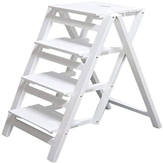 Step Stools for Adults Foldable Kitchen Step Stools Folding Ladder 4 Step Stool Wood for Adult Stool Seat Ladder-Shaped Plant Stand for Kitchen Living Room Bedroom Balcony Garden Shoe Rack White
