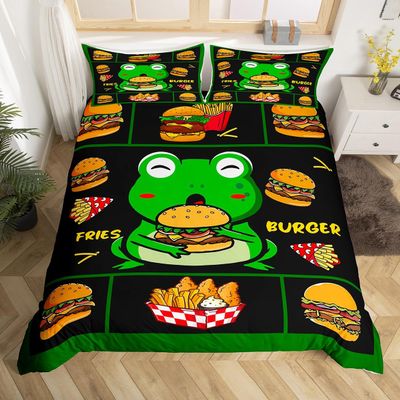 Frog Twin Size Bedding Set for Kids Kawaii Frog Decor Comforter Cover Set Fries Burger Food Duvet Cover Women Men Boys Girls Teens Cute Cartoon Animal Bedspread Cover, Green Black (No Comforter)