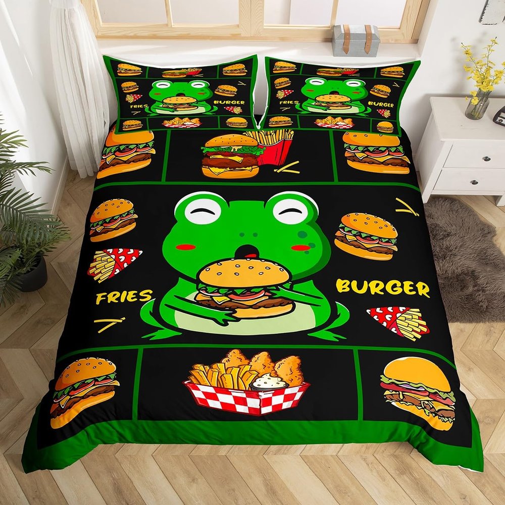 Frog Twin Size Bedding Set for Kids Kawaii Frog Decor Comforter Cover Set Fries Burger Food Duvet Cover Women Men Boys Girls Teens Cute Cartoon Animal Bedspread Cover, Green Black (No Comforter)