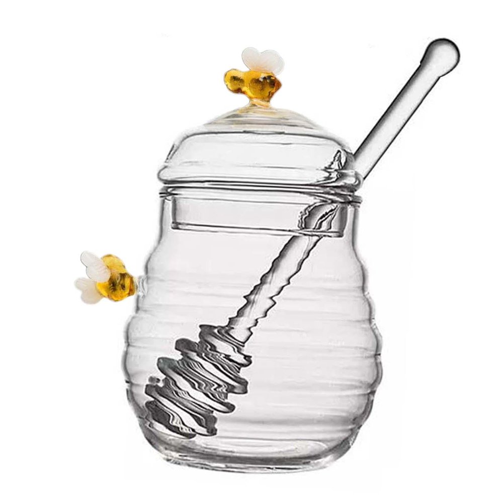 Fenteer Clear Honey Jar with Dipper and Lid Glass Honey Pot Container Dispenser for Home Kitchen