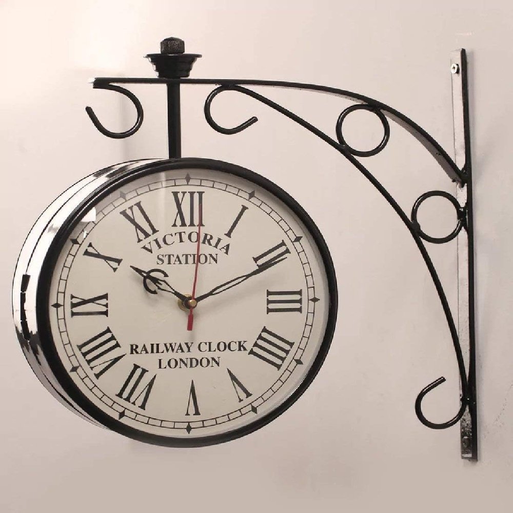 Online Solution 12" Inch Black Iron Victoria Station Clock London Vintage Wall Clock Retro Wall Clock Double Sided Wall Clock Antique Clock - White
