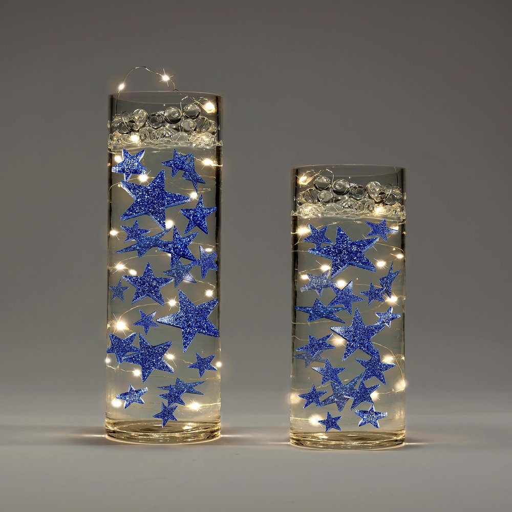200 Floating Stars Glitter Blue-4 Gallons for Your Vases-Including Transparent Water Gels Kits for Floating Look-with 12 Warm White Submersible Fairy Lights-Stunning Vase Decorations