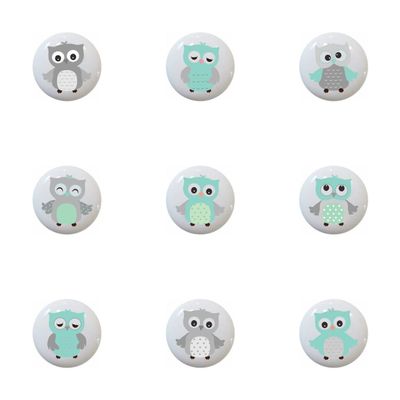 Farm Fresh Knobs Design Ceramic Cabinet Kitchen Bathroom Furniture Handles or Pulls w/Glossy Finish - Owls by aa Lilac Pink Seafoam Yellow Gray Grey - 1.5 x 1.5 Inches (Seafoam Set of 9)