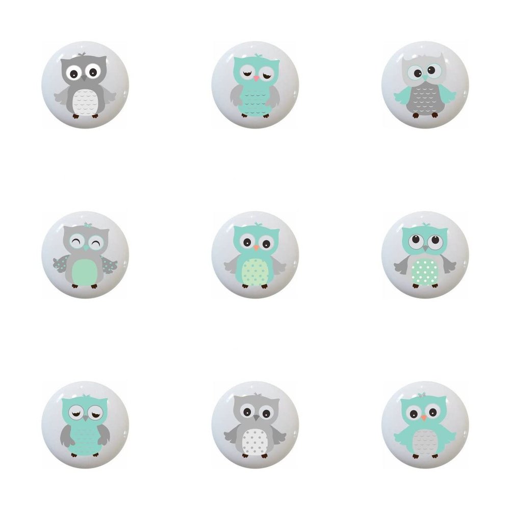 Farm Fresh Knobs Design Ceramic Cabinet Kitchen Bathroom Furniture Handles or Pulls w/Glossy Finish - Owls by aa Lilac Pink Seafoam Yellow Gray Grey - 1.5 x 1.5 Inches (Seafoam Set of 9)