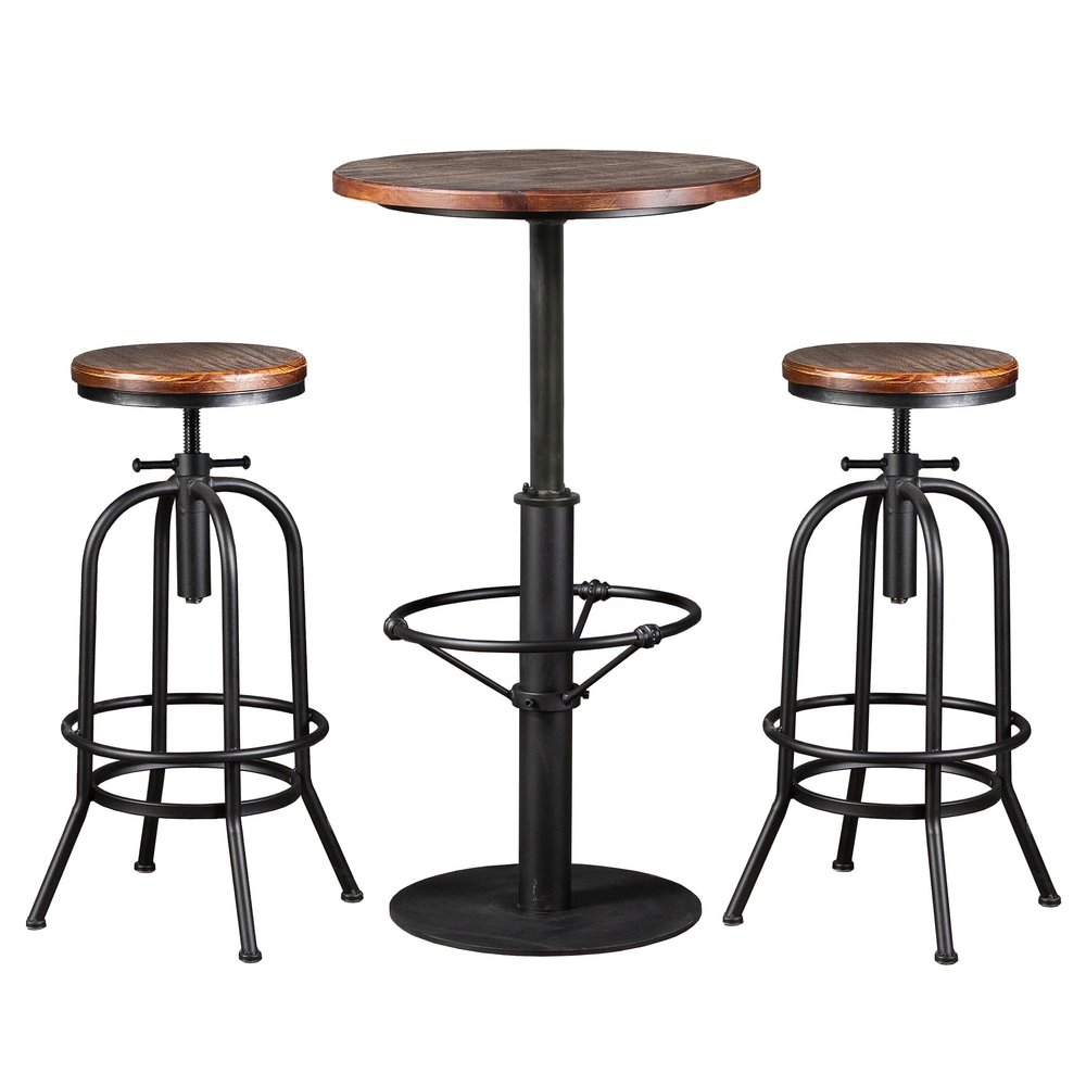 3-Piece Bar Stools and Table Set, 42" Tall Round Standing Pub Bistro Cocktail Table, with 2 Adjustable Swivel Stools 26"-32", Rustic Industrial,Space-Saving,Wood Top,Mostly Welded(Black & Brown)