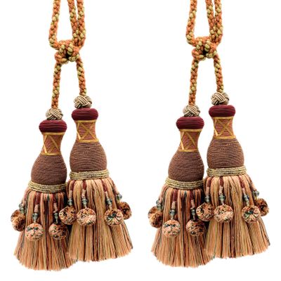 DCOPRO Marrakesh Collection Tassel Curtain and Drapery with Beaded Poms Tassel Tieback, Length 10" (25cm), Spread 34" (86cm) # TBRW102 #VL02 (Red Orange, Light Orange, Forest Green) Set of 2