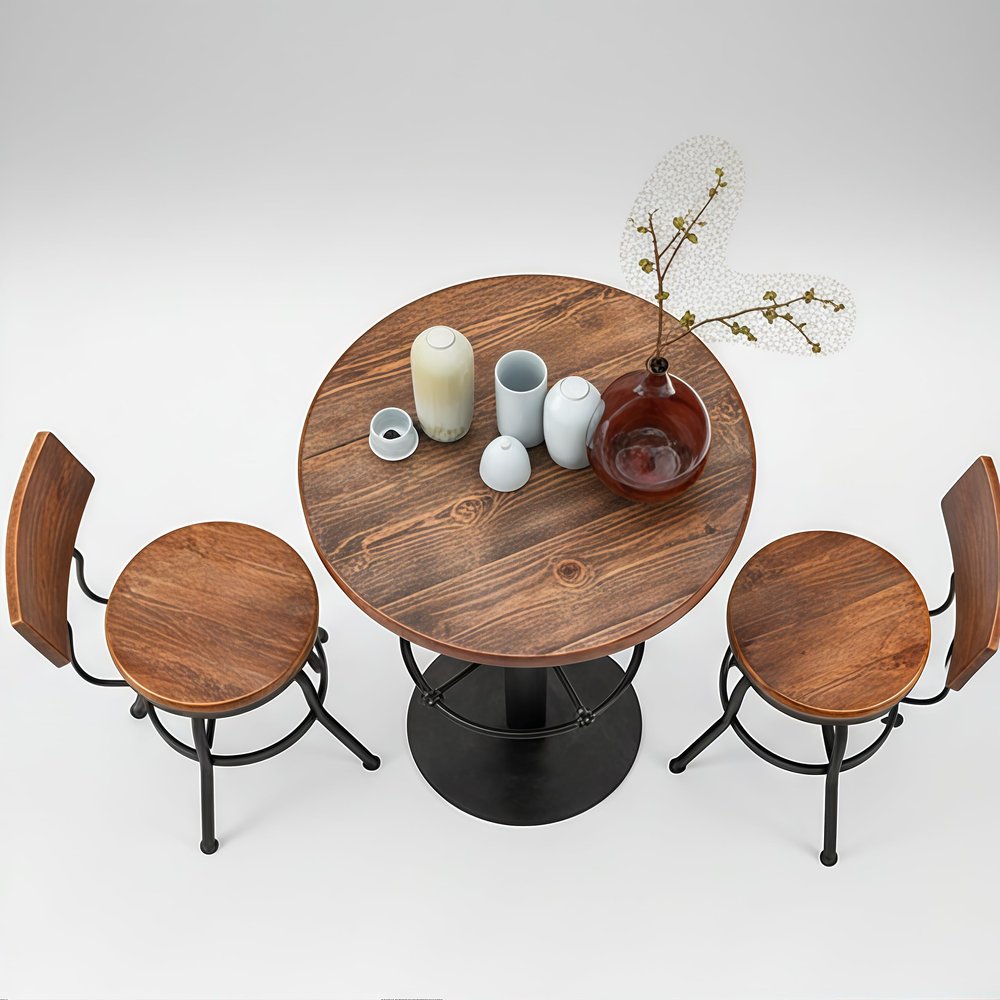 3-Piece Bar Stools & Table Set, 42" Tall Round Standing Pub Bistro Cocktail Table, with 2 Adjustable Swivel Backs Stools 26"-32", Rustic Industrial,Space-Saving,Wood Top,Mostly Welded(Black & Brown)