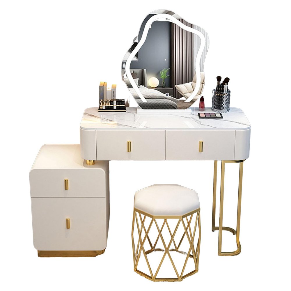 JATIBOSH Vanity Dressing Table Home Dressers Bedroom Furniture Moveable Bedside Table with Illuminated Mirror Dressing Table Cabinet,Sideboard with Drawers and Stool