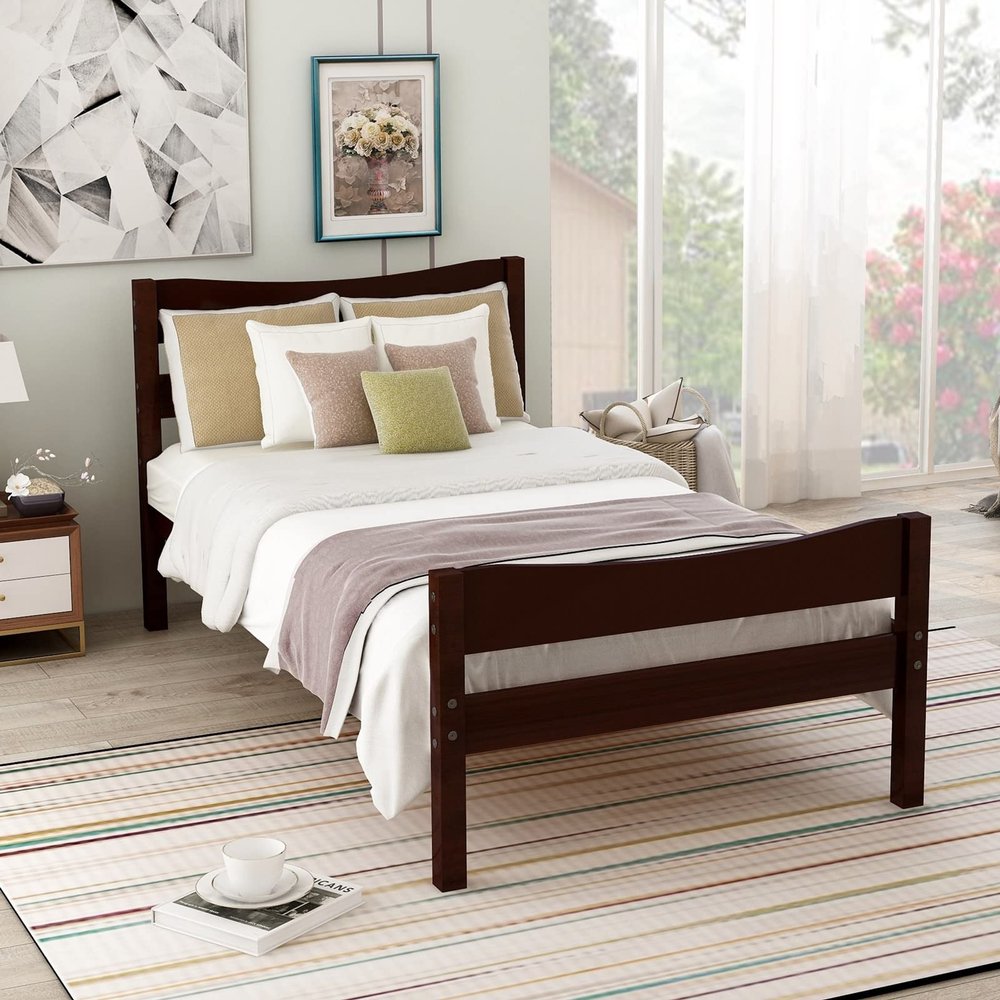 Bed Frames Twin, Wooden Bed Frame Espresso Solid Wood Bed Frame with Headboard and Wooden Slat Support