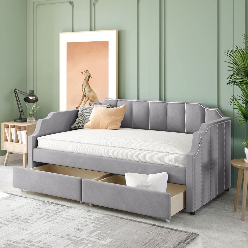 Banemi Sofa Bed Frames, Full Daybed Gray Velvet for Living Room with Drawers and Wood Slat Support