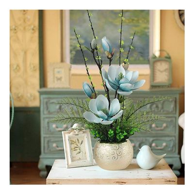 Artificial Flower in Pot Magnolia Flower Artificial Flower with Round Gold Vase Fake Leaf Floral Flower Arrangement Silk Flower for Wedding Outdoor Home Decoration Artificial Plant Flower Arrangement