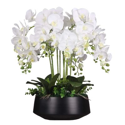 Artificial Flower in Pot Orchids Artificial Silk Flowers Phalaenopsis - Orchid Faux Flowers in Black Ceramic Pot - Wedding Party Dining Table Centerpiece Decor Artificial Plant Flower Arrangement