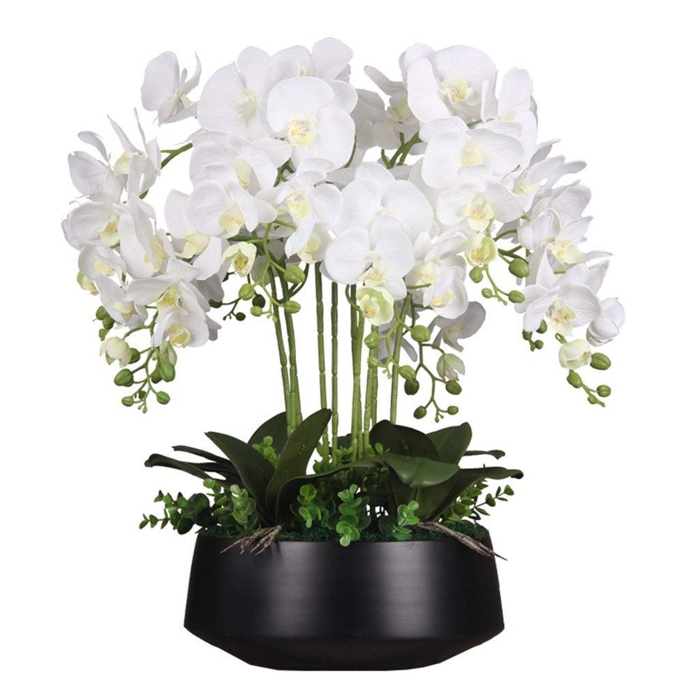 Artificial Flower in Pot Orchids Artificial Silk Flowers Phalaenopsis - Orchid Faux Flowers in Black Ceramic Pot - Wedding Party Dining Table Centerpiece Decor Artificial Plant Flower Arrangement