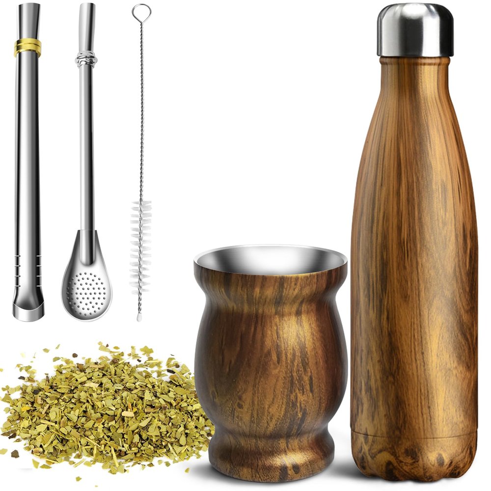Artcome 5pc Stainless Steel Yerba Mate Cup Set - 1 8.5oz Stainless Steel Double-Wall Mate Cup, 1 17oz Thermos, 2 Bombillas (Yerba Mate Straw), 1 Brush, Easy to Clean, Solid and Durable