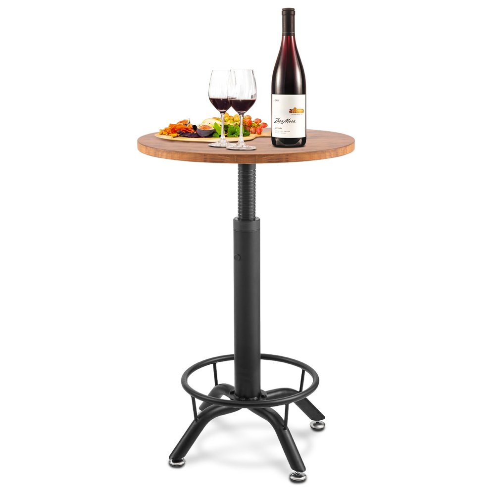 AA Products Industrial Bar Table 29.5-39.4" Adjustable Height Ring Footrest Design Pub Table Pub Cocktail Table Counter Bar Table (Matte Black Base, Brown Wooden Top)