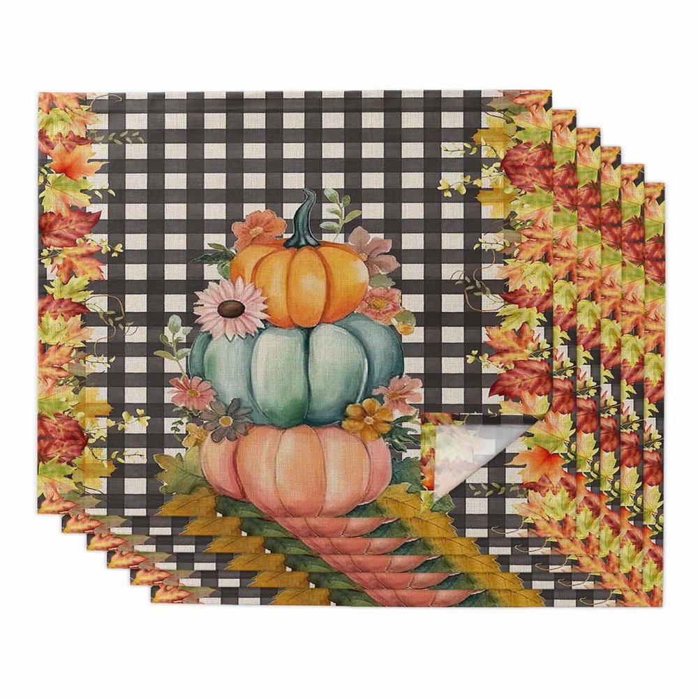 Autumn Pumpkin Cloth Napkins Set of 6 - Washable Dinner Napkins Reusable Table Napkins for Home Party Weeding Dining Table Setting Decoration, Rustic Farmhouse Thanksgiving Plaid Oversized 20"x20"