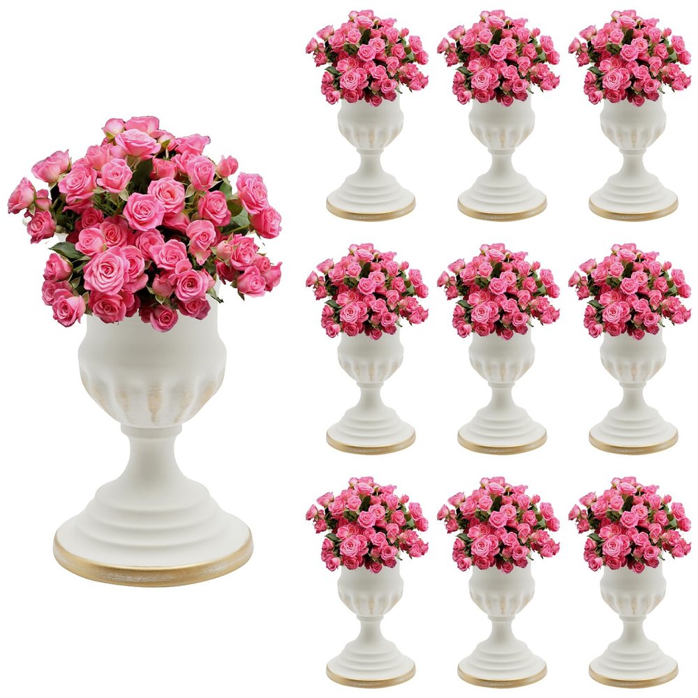 White Metal Urn Planter Compote Vase - 10 Pcs Wedding Centerpiece Vase, 6.7" Trumpet Pedestal Vase Pot for Party, Home Decor, Flower Arrangement