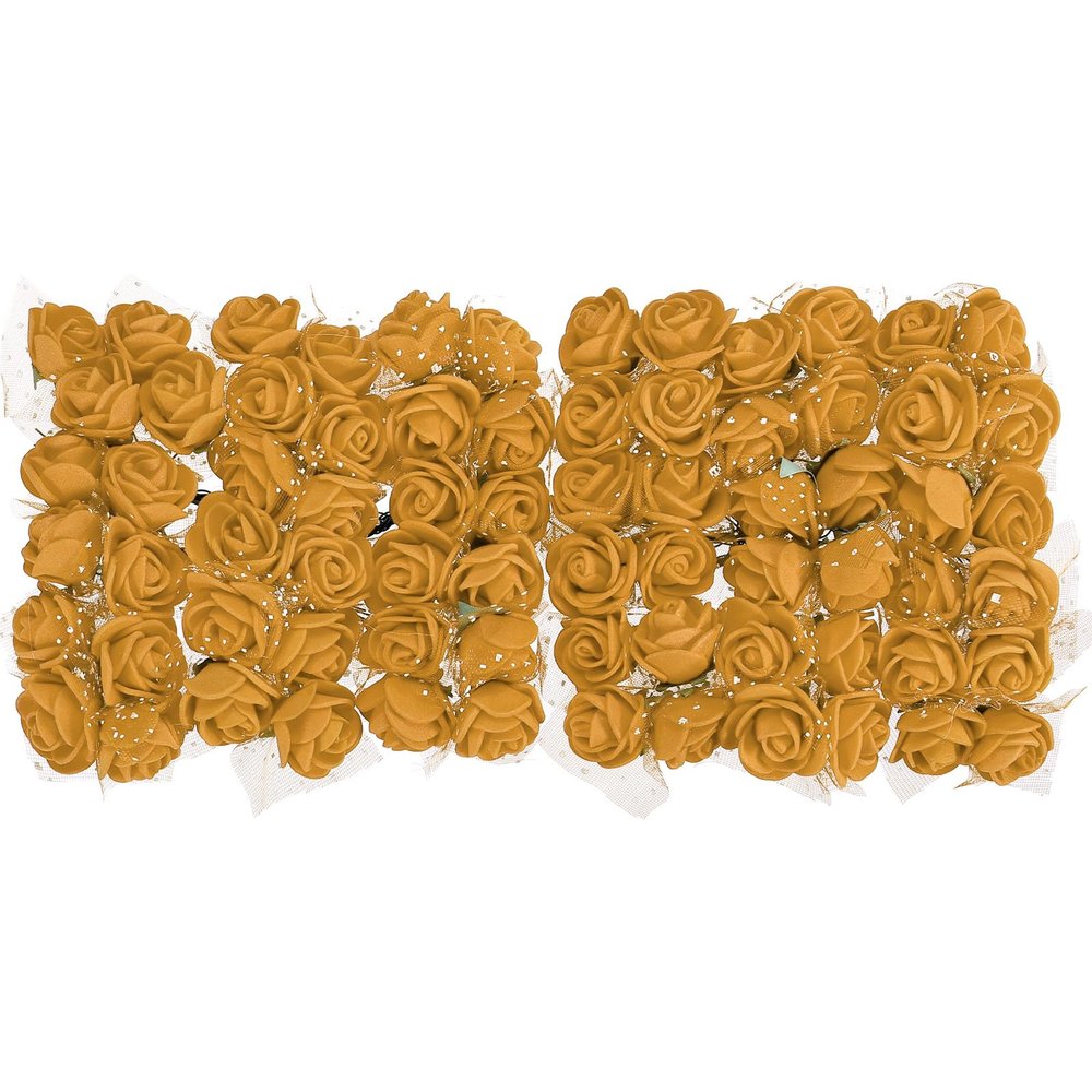 MECCANIXITY Artificial Rose Flower Heads, Gold Tone Mini Faux Flowers 0.8 Inch-1 Inch for DIY Craft Wedding and Party Decoration Pack of 72