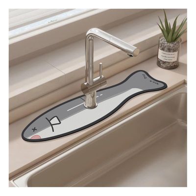 Faucet Absorbent Mat for Kitchen Sink|Creative Cute Cartoon Pattern Faucet Drip Catcher Fast Drying Mat|Splash Guard for Sink Faucet,Gray Fish,10x60cm(3.9x23.6in)-Hole Diameter 5cm(1.9in)