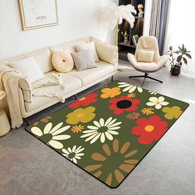 Vintage Floral Area Rugs 5x7 for Kids Boys Bedroom Playroom, 60S 70S Groovy Blossom Rug, Grunge Room Decor Carpet for Teens Girls, Retro Hippie Flowers Decorative Accent Rug Non Shedding, Green
