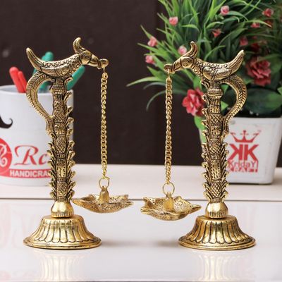 KridayKraft Parrot Design Metal Hanging with Chain Diya Pair of Parrot Design Bird Diya Deepak Oil Lamp Metal Gold Finish Hanging Diya Pair Puja Gift Item Antique, Standard,Pack of 2