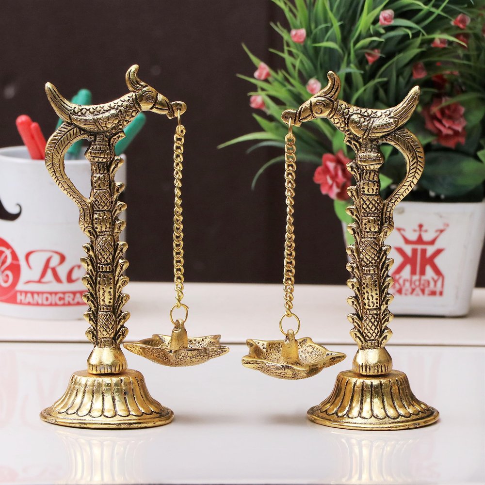 KridayKraft Parrot Design Metal Hanging with Chain Diya Pair of Parrot Design Bird Diya Deepak Oil Lamp Metal Gold Finish Hanging Diya Pair Puja Gift Item Antique, Standard,Pack of 2