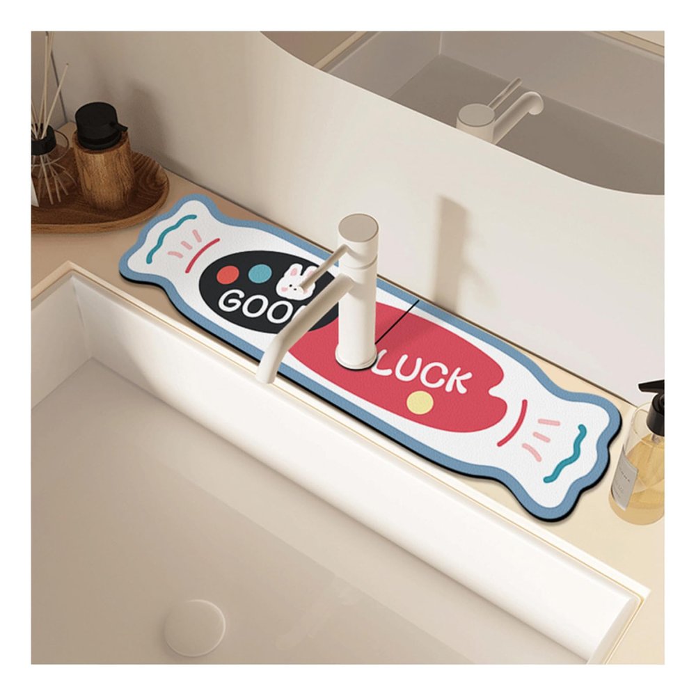 Faucet Absorbent Mat for Kitchen Sink|Creative Cute Cartoon Pattern Faucet Drip Catcher Fast Drying Mat|Splash Guard for Sink Faucet,Candy,10x38cm(3.9x14.9in)-Hole Diameter 5cm(1.9in)