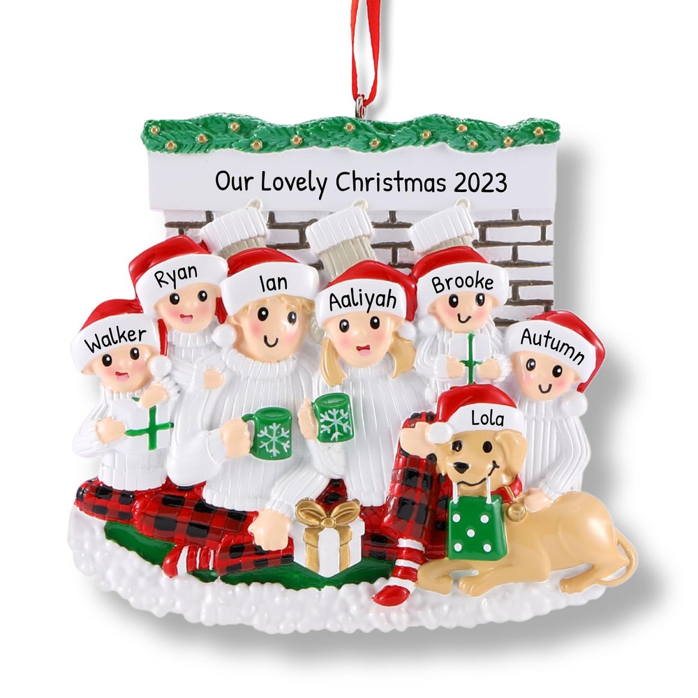 3D Fireplace Family of 6 with Dog Ornament 2025 Personalized Family Christmas Ornaments 2025 | Pet Owners Personalized Tree Ornaments Customizable Gifts Opening Dog Lovers of Six with Pet Ornament