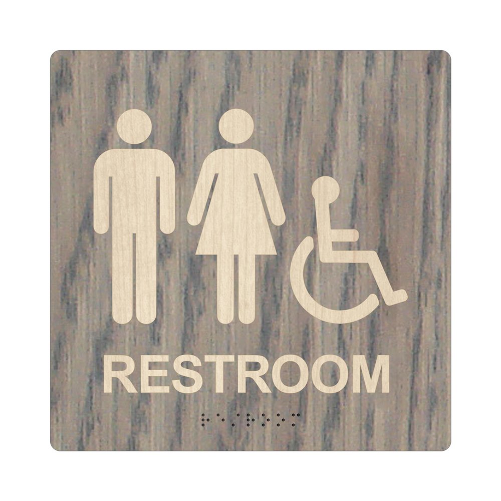 ADA Square Restroom Bathroom Sign - Modern Signage - 8"x8" Size - Contemporary Decor - Braille & Handicap Accessible (Gray Oak, with Handicap Figure)