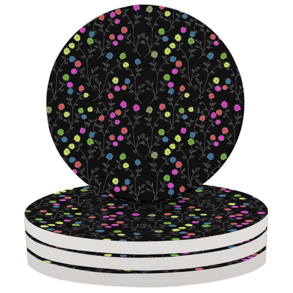 Abstract Flower Black Coasters for Drinks Absorbent Set of 4 Ceramic Coaster with Cock Base Decorative Coffee Cup Beverage Coasters Wine Beer Bar Coasters