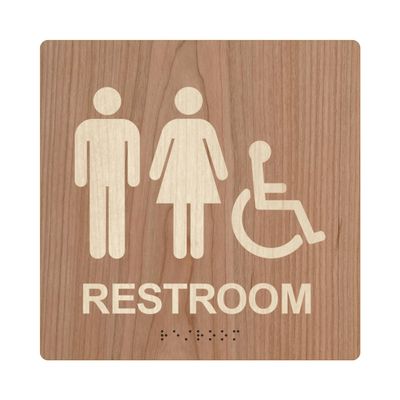 ADA Square Restroom Bathroom Sign - Modern Signage - 8"x8" Size - Contemporary Decor - Braille & Handicap Accessible (Natural Cherry, with Handicap Figure)