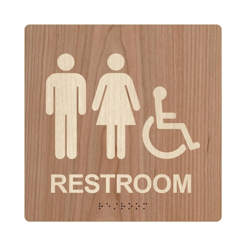 ADA Square Restroom Bathroom Sign - Modern Signage - 8"x8" Size - Contemporary Decor - Braille & Handicap Accessible (Natural Cherry, with Handicap Figure)