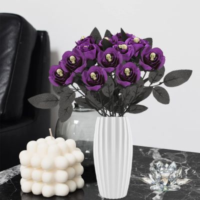 12 Pcs Black Roses with Skull Head, Halloween Artificial Black Flowers Faux Black Roses Silk Rose Flower Bouquet, Gothic Fake Black Rose for Party Arrangements Halloween Wedding Home(Purple)