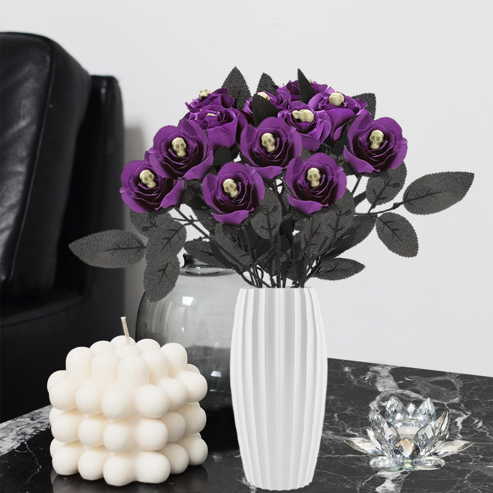 12 Pcs Black Roses with Skull Head, Halloween Artificial Black Flowers Faux Black Roses Silk Rose Flower Bouquet, Gothic Fake Black Rose for Party Arrangements Halloween Wedding Home(Purple)