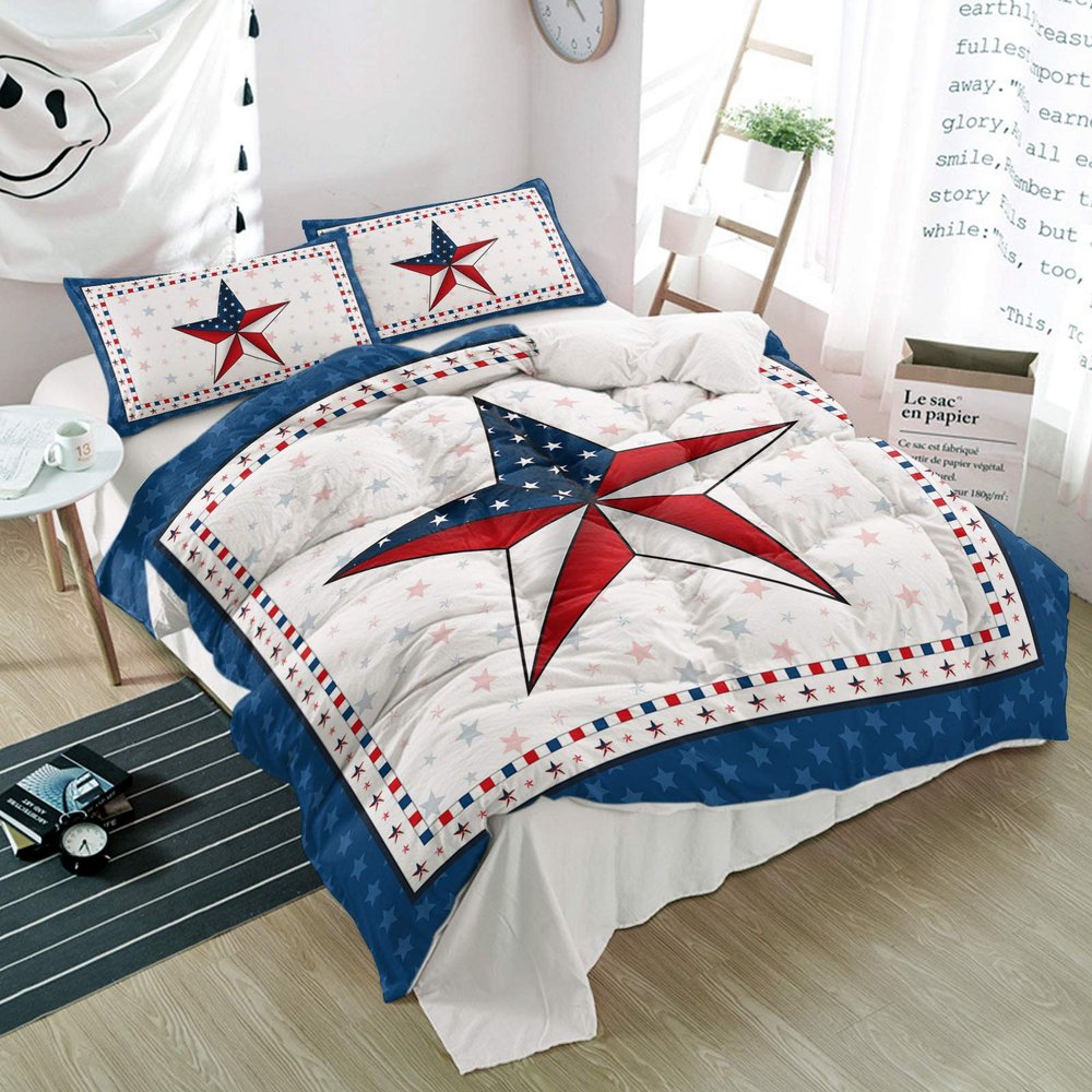 Alandar Home Duvet Cover Sets Pentagram USA Flag Independence Day,3 Piece Bed Set Ultra Soft Quilt Covers and Pillowcases,Stars Seamless Plaid Microfiber Bedding Set for Bedroom Guest Room Dorm