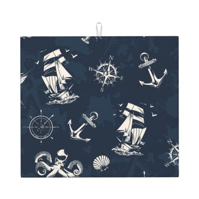 Absorbent Dish Drying Mat For Kitchen Counter Dish Drying Pads Reversible Drainer Mats-Vintage Marine 16x18 In